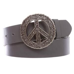 9496 1 1/2" Snap On Belt With Round Perforated Floral Engraving Peace Sign